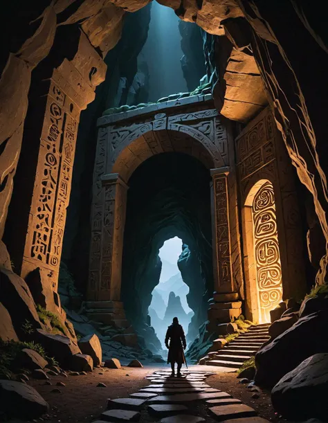 A lone adventurer stands silhouetted against the entrance of a mysterious cave carved into a mountainside. Ancient glyphs glow faintly on the stone, and a winding path disappears into the darkness within.