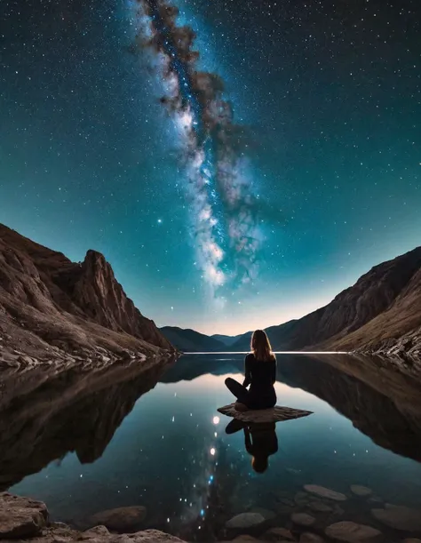 A solitary figure sits cross-legged on a cliffside overlooking a shimmering lake. The reflection of the starry night sky dances on the water's surface, mirroring their introspective gaze.