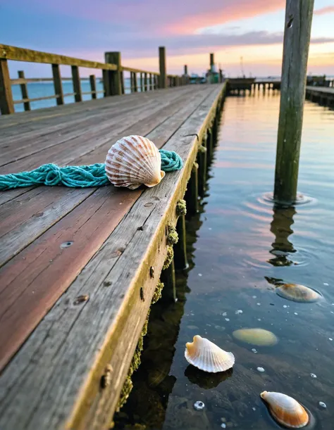 A close-up of weathered wooden planks on the Galdin Quay pier. Barnacles cling to the wood, and faded fishing nets are draped over the railing. A single seashell rests in a puddle, reflecting the vibrant colors of the sky.