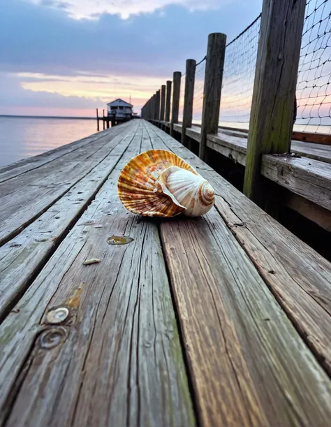 A close-up of weathered wooden planks on the Galdin Quay pier. Barnacles cling to the wood, and faded fishing nets are draped over the railing. A single seashell rests in a puddle, reflecting the vibrant colors of the sky.