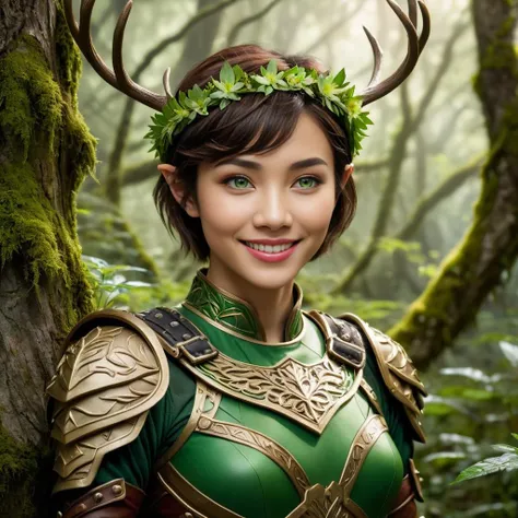 <lora:FaeTastic:0.3> (Zoomed out, full body, far shot, feet visible:1.3) photo of a subtle smile 23 year old beautiful (Singapore elf woman with black eyes and light skin:1.3), Pixie Cut flowing (brown hair:1.3). She is young, slender with (small breasts:1.3), (small antlers:1.5), (small symmetric nose:1.3), big beautiful eyes, full lips, Arched eyebrows, (perfect teeth), (perfect hands), lipstick, eyeliner, eyeshadow. She is wearing (green leaf ranger armor and bracers:1.3), (leaf and flower crown). She is standing, leaning against a tree in a (magical enchanted:1.3) glade, moss and flowers in the background. (Magical fae fantasy style:1.5). Outside, evening, overcast, cinematic lighting, vibrant colors, detailed skin texture, detailed cloth texture, beautiful detailed face, intricate sharp details, ultra high res.