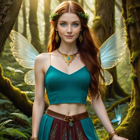 <lora:FaeTastic:0.3> (:1.3) photo of a subtle smile 25 year old beautiful (Alabama elf woman with Blue eyes and fair skin:1.3), Long flowing (Mahogany hair:1.3). She is young, athletic with (medium breasts:1.3), fae (elven ears:1.5), (fairy wings:1.5), (closed mouth:1.3), (small symmetric nose:1.3), big beautiful eyes, full lips, Arched eyebrows, (perfect hands), glossy lips, eyeliner, eyeshadow. She is wearing teal gauze skirt and crop top, (gold choker, earrings, and bracelets), (high heels). She is standing, leaning against a tree in a (magical enchanted:1.3) forest, moss and flowers in the background. (Magical fae fantasy style:1.5). Outside, afternoon, sunshine, cinematic lighting, vibrant colors, detailed skin texture, detailed cloth texture, beautiful detailed face, intricate sharp details, ultra high res.