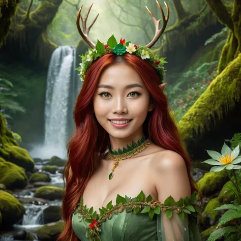 <lora:FaeTastic:0.3> (:1.3) photo of a shocked smiling 27 year old beautiful (Thai elf woman with hazel eyes and fair skin:1.3), Long flowing (red hair:1.3). She is young, fit with (small breasts:1.3), (small antlers:1.5), (small symmetric nose:1.3), big beautiful eyes, full lips, Arched eyebrows, (perfect teeth), (perfect hands), glossy lips, eyeliner, eyeshadow. She is wearing (green leaf dress, choker, and stockings:1.3), (leaf and flower crown). She is walking towards viewer in front of a sparkling magical waterfall in a (magical enchanted:1.3) forest, moss and flowers in the background. (Magical fae fantasy style:1.5). Outside, noon, misty, cinematic lighting, vibrant colors, detailed skin texture, detailed cloth texture, beautiful detailed face, intricate sharp details, ultra high res.