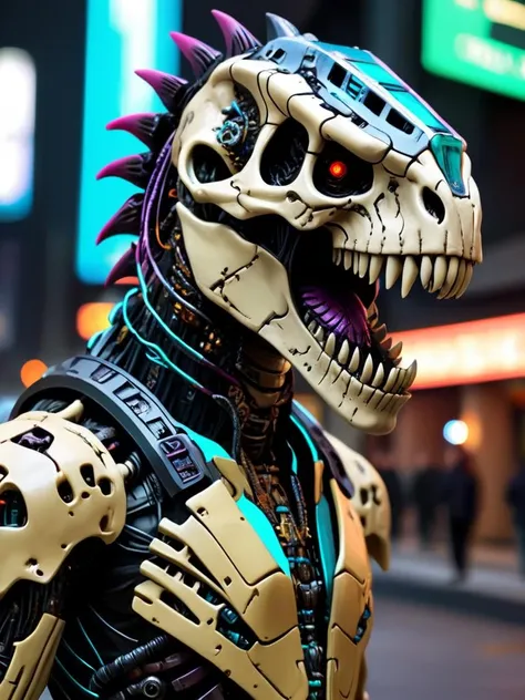 mythical cyberpunk trex, cyberpunk city, full body, masterpiece, perfect face, intricate details, horror theme epoxy_skull <lora:epoxy_skull-sdxl:0.4>