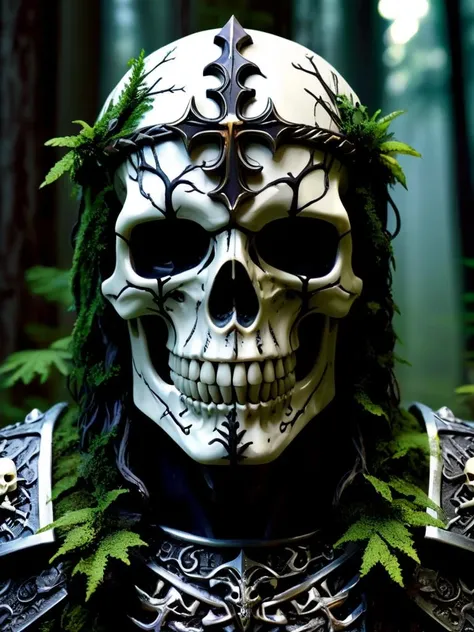 male mythical forest templar, upper body, in the forest, at night, masterpiece, perfect face, intricate details, horror theme epoxy_skull <lora:epoxy_skull-sdxl:0.5>