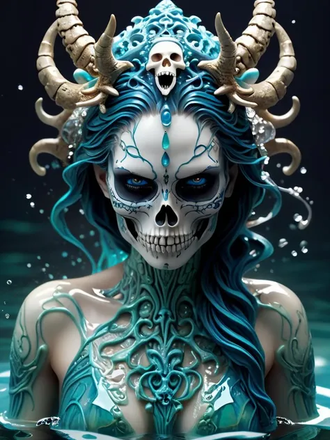 female upper body in mythical water, water surface, masterpiece, perfect face, intricate details, horror theme, epoxy_skull <lora:epoxy_skull-sdxl:0.5>