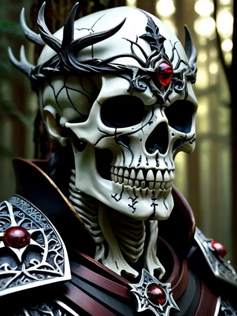 male mythical forest templar, upper body, in the forest, at night, masterpiece, perfect face, intricate details, horror theme epoxy_skull <lora:epoxy_skull-sdxl:0.5>