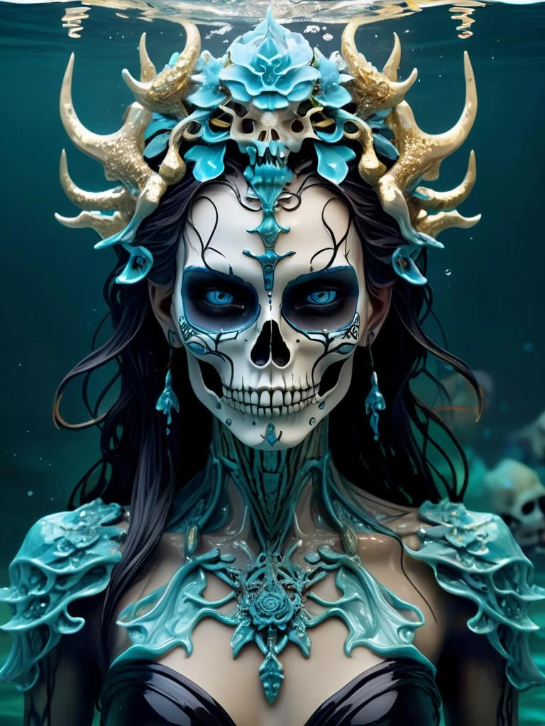 female upper body in mythical water, water surface, masterpiece, perfect face, intricate details, horror theme, epoxy_skull <lora:epoxy_skull-sdxl:0.5>
