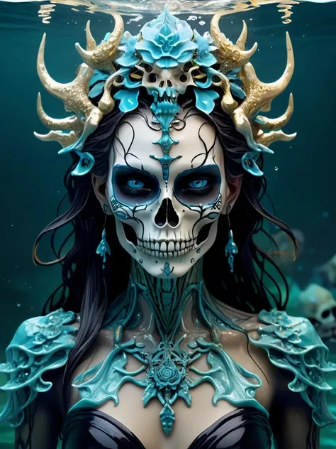 female upper body in mythical water, water surface, masterpiece, perfect face, intricate details, horror theme, epoxy_skull <lora:epoxy_skull-sdxl:0.5>
