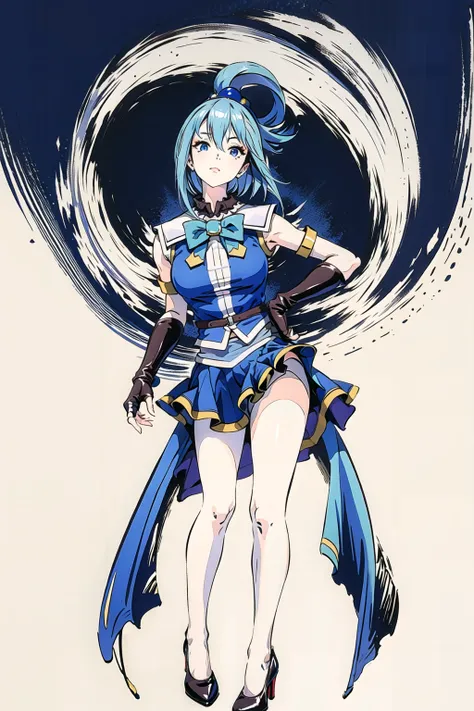 ((masterpiece,best quality,ultra-detailed)), 1girl, full body, standing, aqua (konosuba),  high heels, short skirt, brown hair, gloves, big breasts, simple background