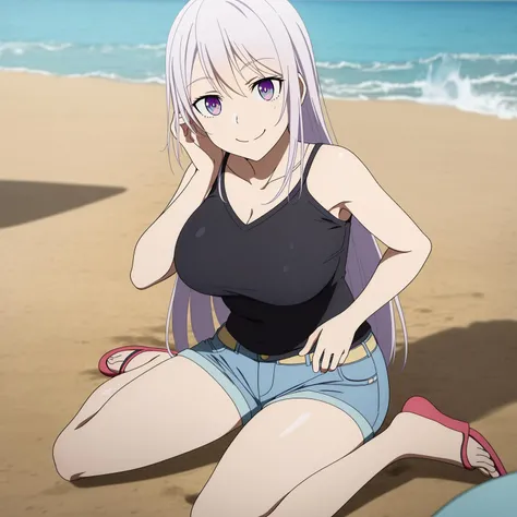 anime art style, 2d, masterpiece, best quality, very aesthetic, absurdres, dynamic shadows, atmosferic, vladilena_millize, (1girl), ((silver hair)), long hair, (red streaked hair), (silver eyes), narrowed eyes, detailed eyes, ahoge, hair between eyes, bangs, medium breasts, cleavage, collarbone, makeup, sexy, frilled bikini, white bikini, sexy smile, ((feet out frame)), all fours, top-down_bottom-up , from below, beach, clouds, sky, houses, looking at viewer