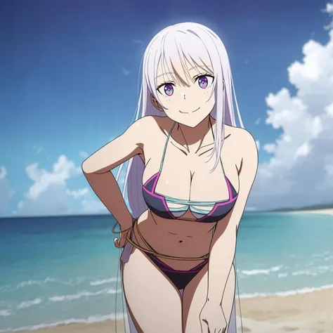(cowboy shot:1.1),Reona,solo,looking at viewer,(layered bikini:1.5),seductive smile,upper teeth,beach,outdoors,bare arms,bare legs,strapless,upper body,leaning forward,