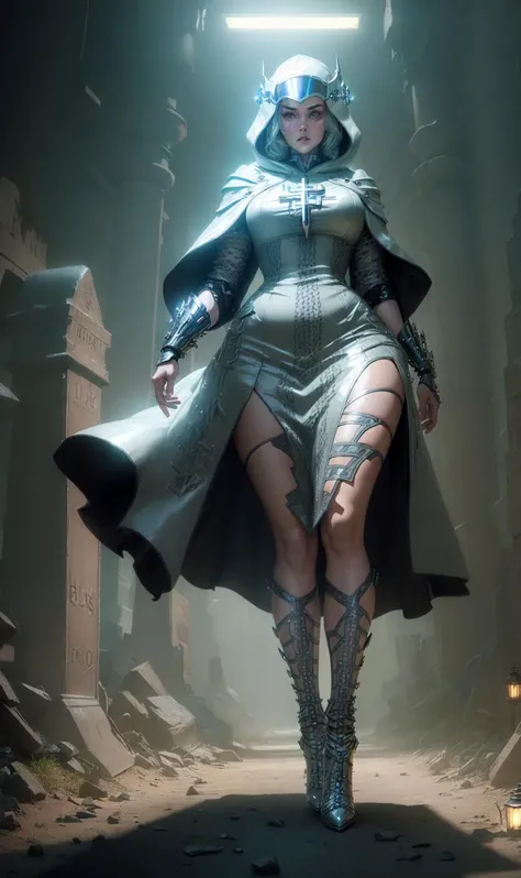 edgfut_clothing, , Lime green Silver Gray riding hood, fat creepy woman, dark dusty crypt, intricate cross-laced dress, high heel boots, dynamic posture, bent forward, cinematic composition, dramatic lighting by brass lantern, masterpiece, the greatest details, 8k, UHD, HDR, incredibly intricate, cinematic composition, <lora:edgFuturistic1>, futuristic visor