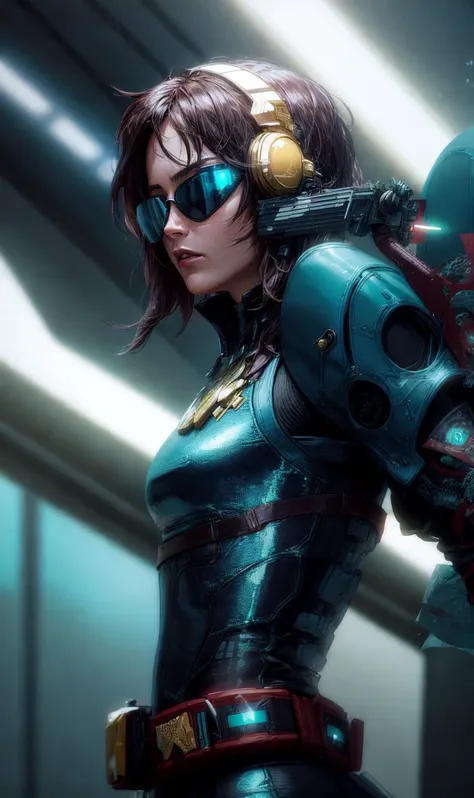 edgfut_clothing, , spacecraft hangar, heroic male fighter pilot, intricate highly detailed formal Teal Flint Gray leather uniform, sci-fi, futuristic, cyberpunk, medals, utility belt, dramatic cinematic lighting, low angle shot, dynamic action posture, to scale, golden pilot sunglasses, highest facial details, dark, tools, realistic fabric details and folds, masterpiece, the greatest details, 8k, UHD, HDR, incredibly intricate, cinematic composition, <lora:edgFuturistic1>, futuristic visor
