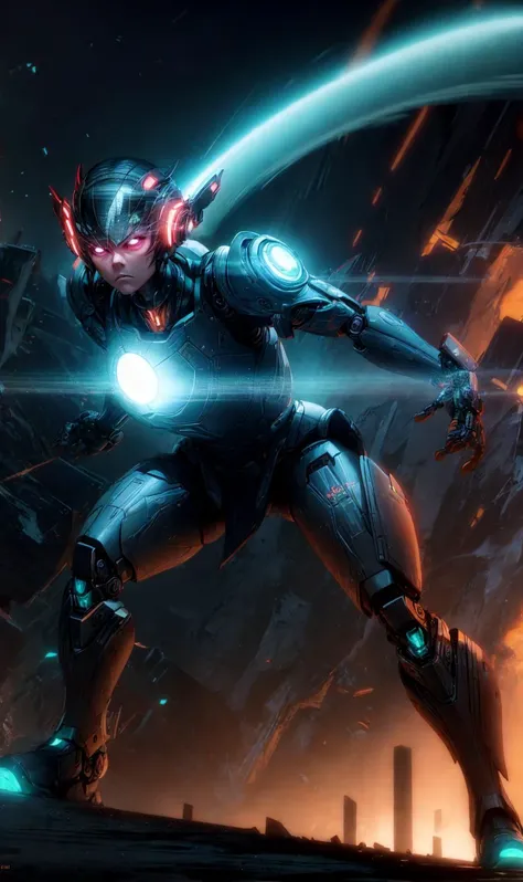 edgfut_clothing, , full-body portrait, android law enforcer, protective gear, Teal Cool Gray, nighttime, cityscape, low angle shot, intimidating, dominant, dynamic posture, cinematic composition, perfect face, perfect hands, frown, cybernetic implants, robotic bodyparts, hinge, joints, masterpiece, the greatest details, 8k, UHD, HDR, incredibly intricate, cinematic composition, <lora:edgFuturistic1>, futuristic visor