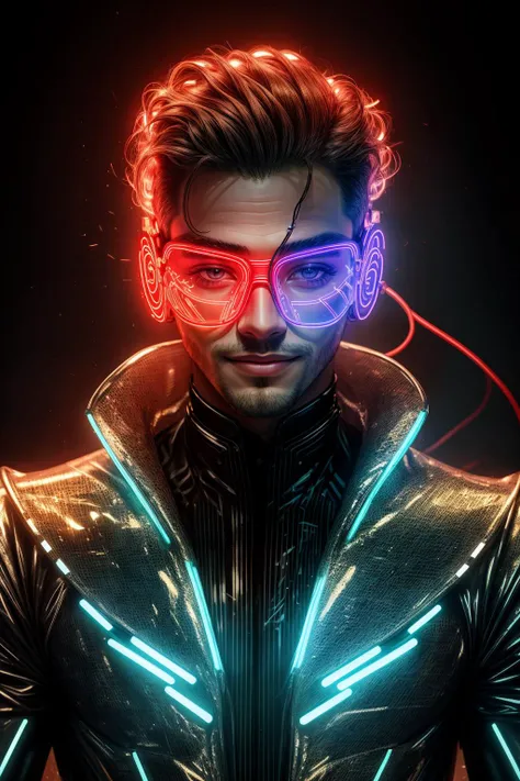 ((Masterpiece, best quality)),photography, detailed skin, realistic, photo-realistic, 8k, highly detailed, full length frame, High detail RAW color art, diffused soft lighting, shallow depth of field, sharp focus, hyperrealism, cinematic lighting,smiling,
edgFut_clothing, a man in a shiny suit and red glasses ,wearing edgFut_clothing,((electric circuits, neons, mask))
 <lora:edgFuturistic1:0.85>