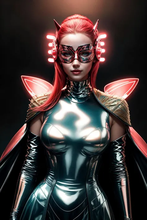 ((Masterpiece, best quality)),photography, detailed skin, realistic, photo-realistic, 8k, highly detailed, full length frame, High detail RAW color art, diffused soft lighting, shallow depth of field, sharp focus, hyperrealism, cinematic lighting,smiling,
edgFut_clothing, a woman in a shiny metallic dress,latex gloves, and red [futuristic headpiece|visor] ,wearing edgFut_clothing, neons, electric circuits, ((mask))
 <lora:edgFuturistic1:0.85>