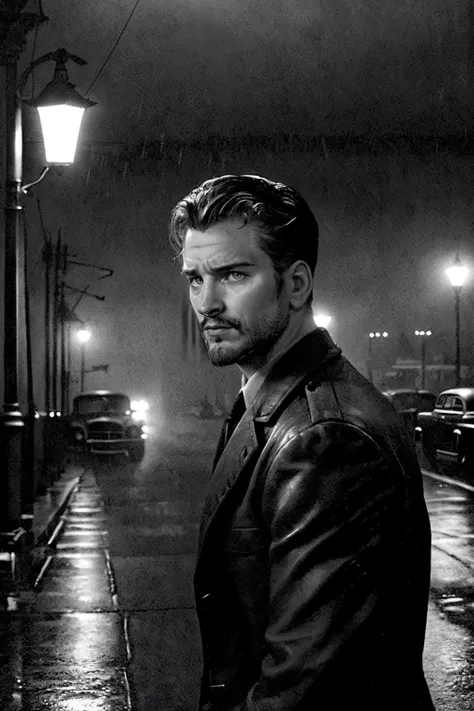 masterpiece, best quality, nicholas_james <lora:nicholas_james-16:0.8> facial hair, wearing a 1940s noir outfit, dimly lit rain-slicked city street at night, classic film, faint mist, vintage street lamp casting long shadows, 1940s style cars, monochromatic, low-key lighting, deep shadows, confident enigmatic pose, sharp contrasts, strong lines, dramatic shadowing, noir aesthetic, classic Hollywood aesthetic, Frank Miller style illustration