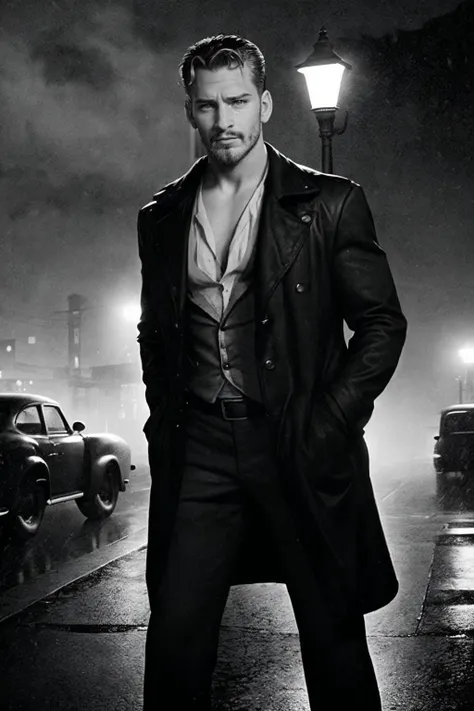 photo of nicholas_james <lora:nicholas_james-16:0.8> facial hair, wearing a noir outfit, dimly lit rain-slicked city street at night, classic film, faint mist, vintage street lamp casting long shadows, 1940s style cars, monochromatic, low-key lighting, deep shadows, confident enigmatic pose, sharp contrasts, strong lines, dramatic shadowing, noir aesthetic, classic Hollywood aesthetic, Frank Miller style