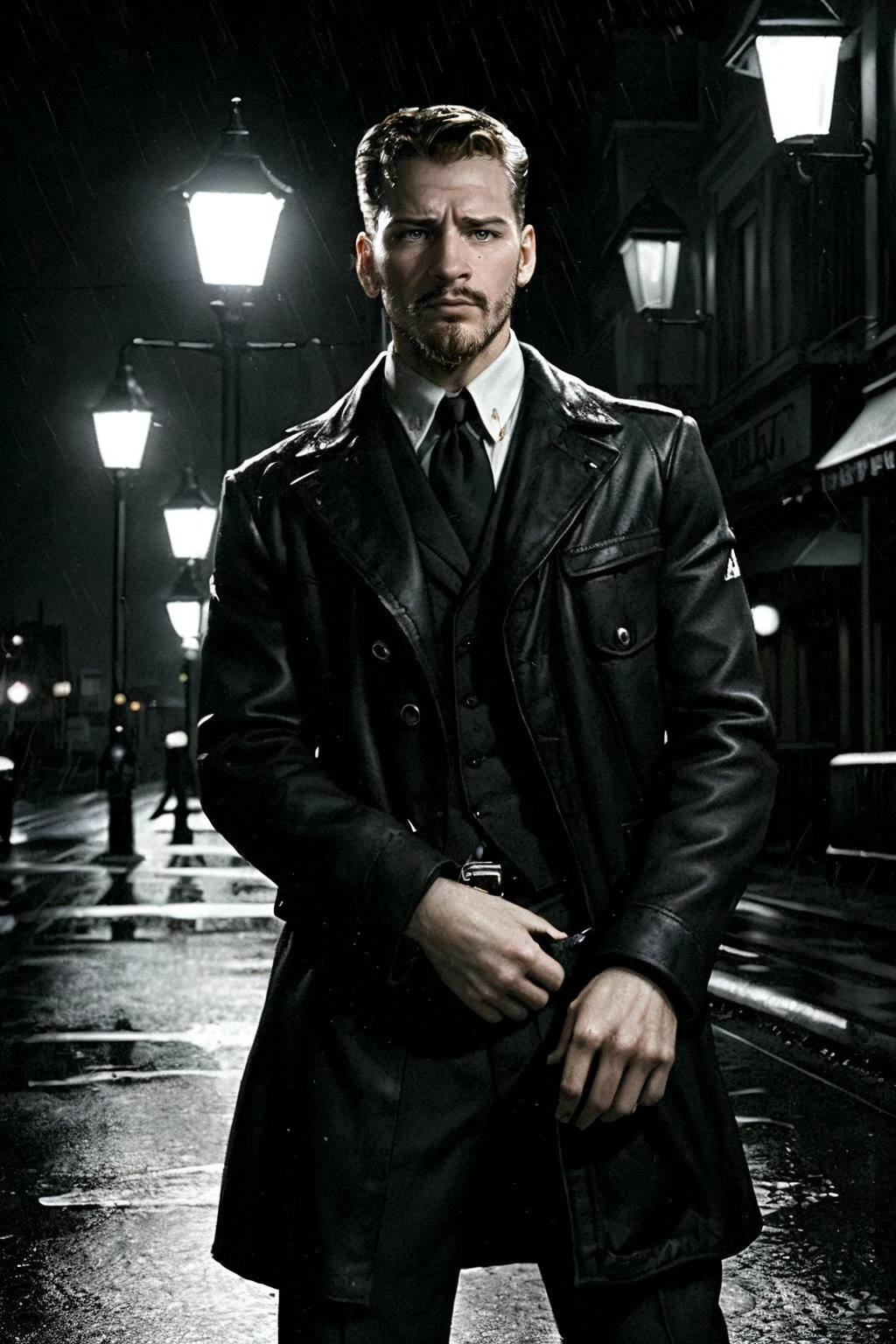 masterpiece, best quality, Frank Miller style illustration of nicholas_james <lora:nicholas_james-16:0.8> facial hair, wearing a 1940s noir outfit, dimly lit rain-slicked city street at night, classic film, faint mist, vintage street lamp casting long shadows, 1940s style cars, monochromatic, low-key lighting, deep shadows, confident enigmatic pose, sharp contrasts, strong lines, dramatic shadowing, noir aesthetic, classic Hollywood aesthetic