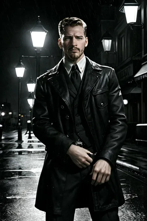 masterpiece, best quality,  Frank Miller style illustration of nicholas_james <lora:nicholas_james-16:0.8> facial hair, wearing a 1940s noir outfit, dimly lit rain-slicked city street at night, classic film, faint mist, vintage street lamp casting long shadows, 1940s style cars, monochromatic, low-key lighting, deep shadows, confident enigmatic pose, sharp contrasts, strong lines, dramatic shadowing, noir aesthetic, classic Hollywood aesthetic