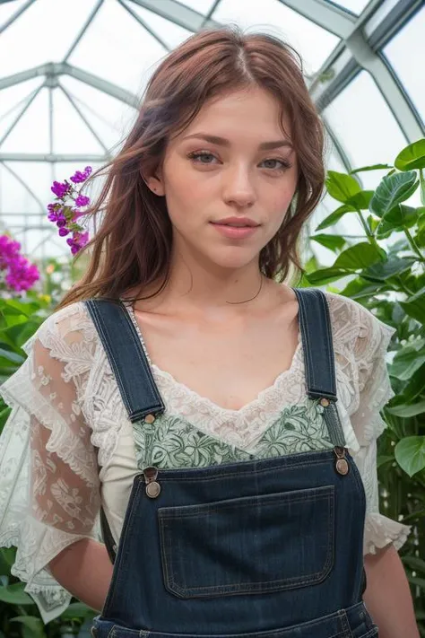 Merger_dainty_fowline,
(in a giant glass green house filled with exotic flowers and plants wearing overalls and a bandana walking through the flowers, arboretum, green house, glass, plants, flowers:1.2),
bokeh, f1.4, 40mm, photorealistic, raw, 8k, textured skin, skin pores, intricate details <lora:epi_noiseoffset2:1>, epiCRealism <lora:ClothingAdjuster3:-1>