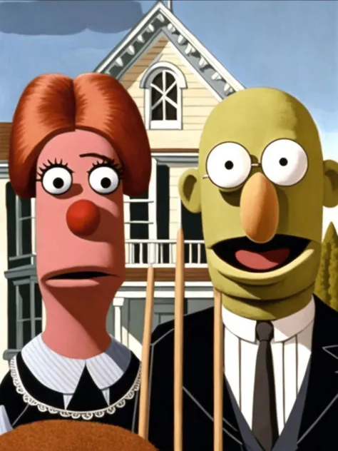 American gothic by grant wood on the MuppetShow <lora:SDXL-MuppetShow-Lora-step00002500:0.8>