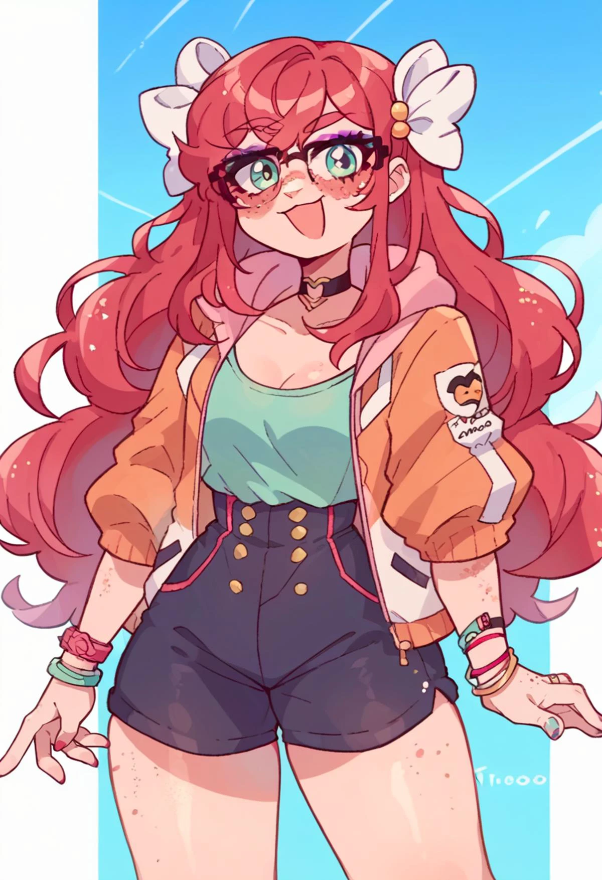 <lora:GinjaNinjaOwO (Autism SDXL):0.55> 1girl, solo, aqua eyes, long hair, red hair, freckles, glasses, hair ornaments, white ribbon, hair ribbon, eyeshadow, nail polish, jacket, shirt, high-waist shorts, choker, bracelet, wristband, <lora:Momoiiroo_Art_Style_PonyXL:1> momoiiroo,, score_9, score_8_up, score_7_up, source_anime,