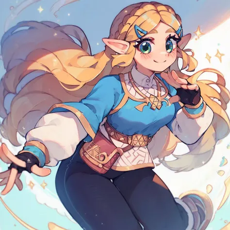 high resolution, score_9, score_8_up, score_8, medium breasts, cute, eyelashes , princess zelda, long hair, crown braid, hairclip, pointy ears, blue shirt, long sleeves, fingerless gloves, black gloves, black pants, tight pants, green eyes, solo, looking at viewer, smile, blush, momoiiroo