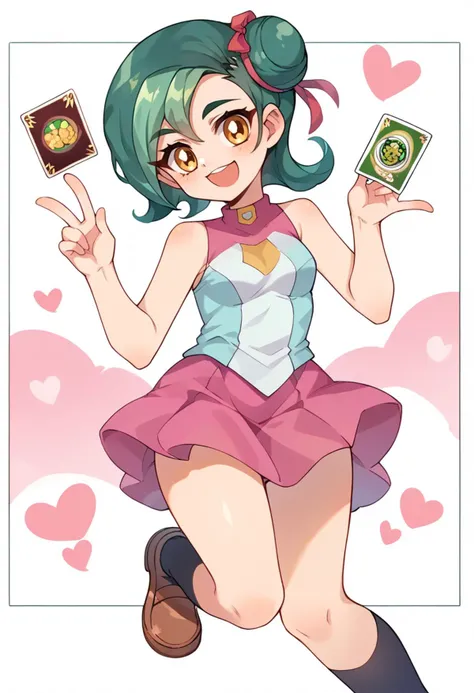 score_9, score_7_up, source_anime, highly detailed, BREAK  cowboy shot, head tilt, smile, holding card, duel monster,  <lora:mizuki_kotori_pony_v1:1> mizuki_kotori_\(yu-gi-oh!\), yellow eyes, green hair, single side bun, sleeveless, pink skirt, black kneehighs, brown footwear, <lora:Momoiiroo_Art_Style_PonyXL:1> momoiiroo,