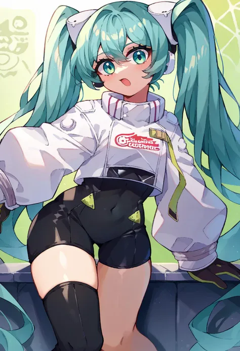 <lora:vocaloid_racingmiku2022_ponyXL:1> racingmiku2022, twintails, aqua hair and aqua eyes, white jacket, cropped jacket, long sleeves, two-tone gloves, black gloves, green gloves, black bodysuit, single thighhigh, single thigh boot, <lora:Momoiiroo_Art_Style_PonyXL:1> momoiiroo,, score_9, score_8_up, score_7_up, source_anime,