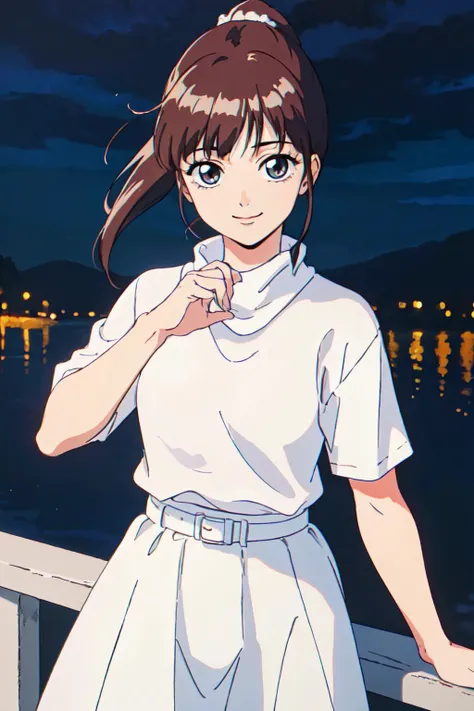 <lyco:Tiffa_Adill_GundamX-KK77-V1:0.65>
 (best quality, masterpiece, RAW photo,ultra-detailed:1.2), <lyco:GoodHands-beta2:1.0>,1girl,smile, looking at viewer,
Night, outdoors,a full moon in the sky,brown hair,
white dress,white long skirt,white belt,
hair ornament, hair scrunchie,low ponytail,
