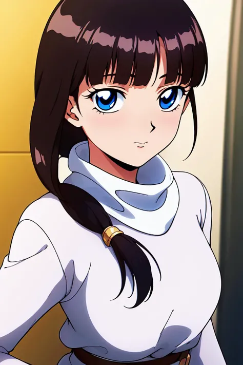 white turtleneck, white shirt,white long skirt,white belt,
<lora:Tiffa_Adill_GundamX-KK77-V1:0.7>,hair ornament, hair scrunchie,low ponytail,
long hair,bangs, black hair, blunt bangs,big blue eyes,
1 girl, 20yo,Young female,Beautiful Finger,Beautiful long legs,Beautiful body,Beautiful Nose,Beautiful character design, perfect eyes, perfect face,expressive eyes, looking at viewer, in the center of the image,(light_smile:0.5), official art,extremely detailed CG unity 8k wallpaper, perfect lighting,Colorful, Bright_Front_face_Lighting,shiny skin, (masterpiece:1.0),(best_quality:1.0), ultra high res,4K,ultra-detailed, photography, 8K, HDR, highres, absurdres:1.2, Kodak portra 400, film grain, blurry background, bokeh:1.2, lens flare, (vibrant_color:1.2) (Beautiful,large_Breasts:1.0), (beautiful_face:1.5),(narrow_waist)