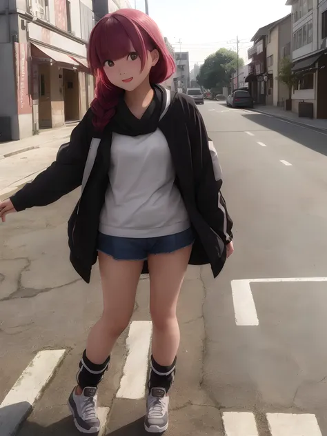 1girl, solo, Kikuri Hiroi stainding on the street, full body shot, daylight, sunlight, (perfect body : 1.1), (extremely beautiful), (masterpiece), beautiful lighting ,perfect lightning, realistic shadows, [highres], (realistic:1) <lora:Kikuri Hiroi:0.8>
