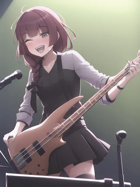 1girl, solo, Kikuri Hiroi stainding on stage, playing bass guitar, full body shot, smiling <lora:Kikuri Hiroi:0.8>