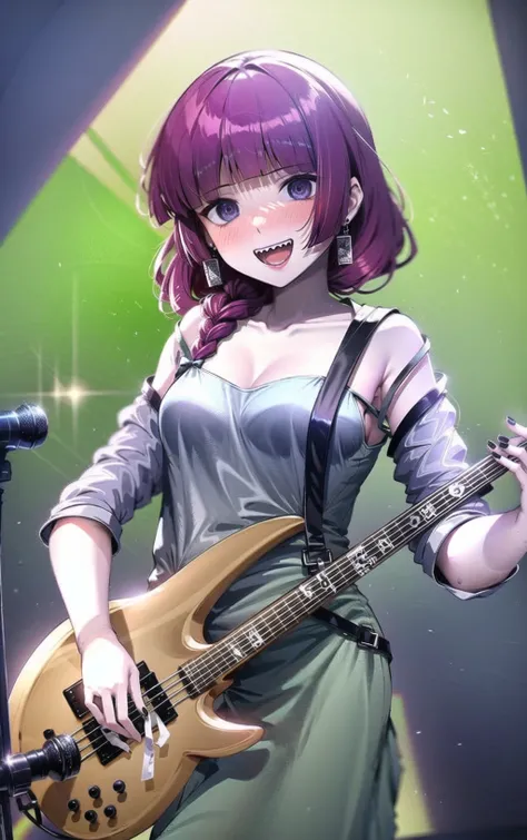 (illustration:1.0), masterpiece, best quality, illustration, <lora:kikuriHiroiBocchiThe_v10:1>, green dress, holding detailed bass_guitar, stage, dramatic shadow, spotlight