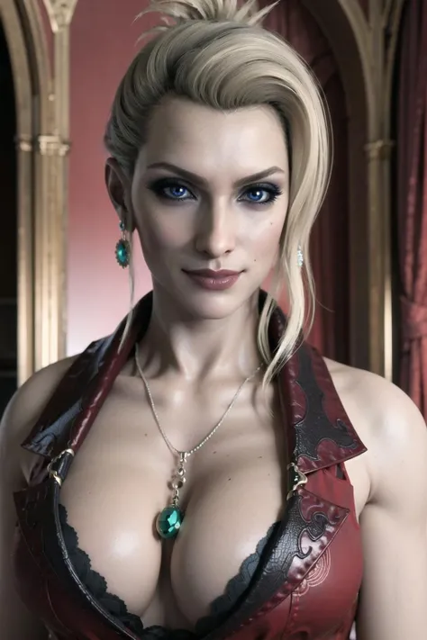 scarletff7, slight smile, looking at viewer, (cowboy shot), scarff7 vest, cleavage, scarff7 earrings, scarff7 necklace, beautiful, ((masterpiece:1.2)), ((best quality:1.2)), extremely detailed face, perfect eyes, perfect face, perfect lighting, <lora:ScarletFF7:0.65>