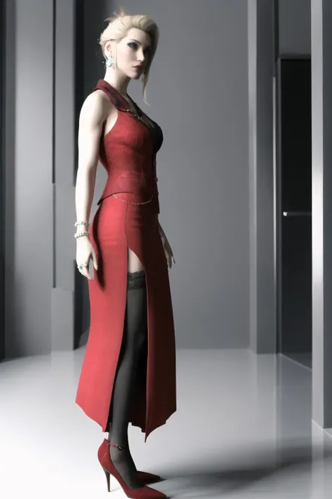 arafed woman in a red dress and tights walking down a runway, clothing design, digital art of an elegant, fashion concept art, Fashion pose, on a mannequin. High resolution, full body detailing, succubus in tight kilt, unrealistic character concept, inspired by Aleksander Gine, fashion model pose, standing elegant pose, cypherpunk fashion illustration