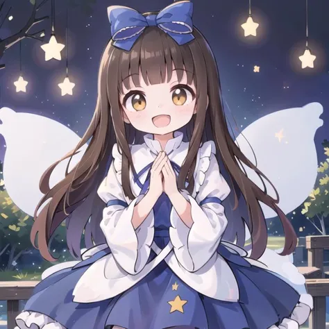 ,(solo:1.2), Fantastic,(looking at viewer:0.8),picture book,
standing,,
happy face,,young girl,
,happy,[lover's:friendly:0.4] smile,
happy face,innocent face,very cute face,anime eyes,joyful eyes, giggling look, playful twinkles, mischief sparkle, delighted gaze,joyful expression, innocent smile, carefree posture, bubbly personality, radiant face, playful ambiance, heartwarming vibe, vibrant colors, laughter-filled,peaceful expression, eyes slightly open, soft smile,flowing hair, gentle breeze, cozy ambiance, content smile effortlessly,genuine laughter warmly,ecstatic joyful expression,vibrant laughing eyes,overwhelmingly joyful mood,
1girl , star sapphire, solo,blue dress, star dress,star \(symbol\),brown eyes, smile,fairy wings, wings,  brown hair , open mouth, y<lora:star1-v3-000004_0.36+star1-v3-000028_0.28+star1-v3-000180_0.36:1>