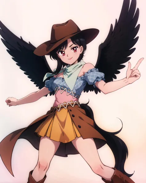 <lora:touhou_kurokoma-10:1.0>, full body, solo, 1girl, kurokoma saki, smile, looking at viewer, cowboy hat, cowboy boots, brown footwear, horse_tail, thighs, legs, blue shirt, off shoulder, puffy short sleeves, brown skirt, overskirt, bandana, feathered wings, <lora:smv1:0.8>, masterpiece, best quality, 1990s \(style\), perfect composition,