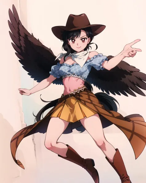 <lora:touhou_kurokoma-10:1.0>, full body, solo, 1girl, kurokoma saki, smile, looking at viewer, cowboy hat, cowboy boots, brown footwear, horse_tail, thighs, legs, blue shirt, off shoulder, puffy short sleeves, brown skirt, overskirt, bandana, feathered wings, <lora:smv1:0.75>, masterpiece, best quality, perfect composition,