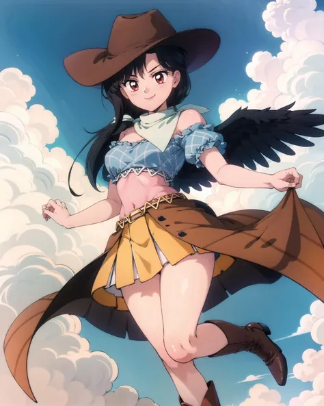 <lora:touhou_kurokoma-10:1.0>, full body, solo, 1girl, kurokoma saki, smile, looking at viewer, cowboy hat, cowboy boots, brown footwear, horse_tail, thighs, legs, blue shirt, off shoulder, puffy short sleeves, brown skirt, overskirt, bandana, feathered wings, <lora:smv1:0.8>, masterpiece, best quality, 1990s \(style\), perfect composition,