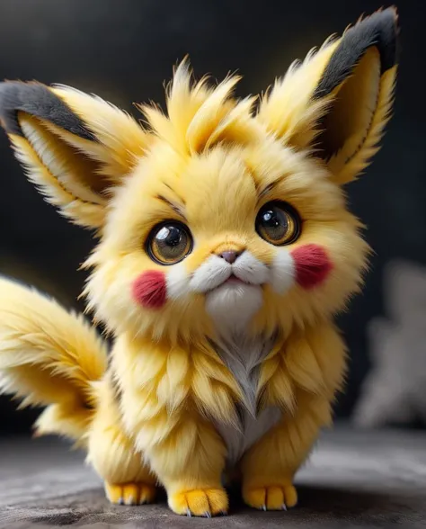 zhibi, fluffy pokemon, realistic pikachu|kitten monster in pokemon style, "Monster", Cute, Colorful yellow fur, giant yellow cute beatiful detailed chibi eyes, cutie, eye contact, 8k, hdr, RAW, hyperrealistic, extremely detailed, sharp focus , black background, , detailed fur <lora:zhibi:1>