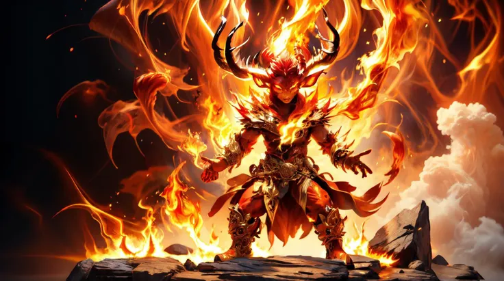 (masterpiece, best quality, fullscreen), [(full body:1.1)::0.2] portrait (photo of a Ornate fire [magical being:elemental:0.2]:1.4), <lora:EYES Fire:0.5> red fire, (Fierce:1.1), (fiery Horned Ears red glowing markings:1.4), (Fire Manipulation (creating and controlling flames)), (Spider body with humanoid head and with one Digitigrade Appendages:1.2), <lora:EFFECT Fire_VFX-000010:0.2> pyrokinesis, fire magic, fireball, <lora:EFFECT ExplosionMagic-20:0.3> explosionmagic, excessive energy, smoke, glowing aura, <lora:MONSTER ral-zhibi-sd15:0.4> zhibi, (fiery Dazzling background:1.2), (Spotlight), (Black Fantasy Colors with Gels lighting:1.1), , , , (look at the viewer:1.2), <lora:SLIDER weight_slider_v2:-0.5>,<lora:EFFECT Unleashed_V1.5_prunned:0.2>, <lora:LIGHT ALL IN ONE LORA HD v1:0.4>, <lora:QUALITY PotatEnhancer_V1_6:0.1>, <lora:BACKGROUND booscapes_v2:0.1>, (Full body Shot, Shallow Focus Shot, Low Angle Shot:[1.2:0.5:0.1]), heavily detailed, fairytale, magical, , (sharp focus), <lora:EFFECT Magic card fakemtg_label:1> fakemtg, (no humans), tremely detailed, Trending on Artstation, octane render, Insanely Detailed, 8k, HD