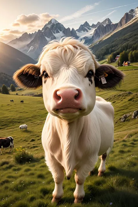 zhibi, chibi, cow, small cow, chibi cow, cute, on a farm, eating grass, in the alps, sun going down on the horizont,<lora:ral-zhibi:0.7>