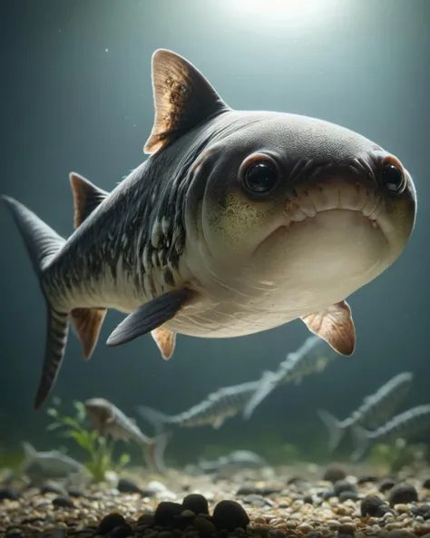 There is a shadow、Fish salmon、The fish has small black spots on its body.、A little bit of horror、His eyes are shining、There are no humans、Facing forward with mouth open