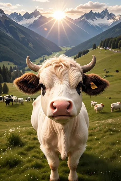 zhibi, chibi, cow, small cow, chibi cow, cute, on a farm, eating grass, in the alps, sun going down on the horizont,<lora:ral-zhibi:0.7>