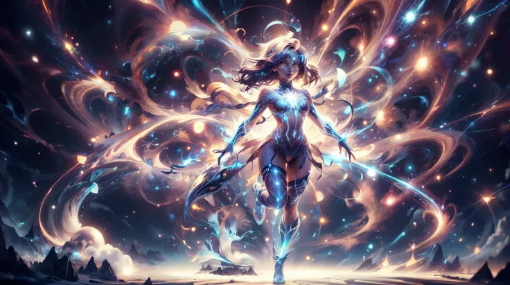 (masterpiece, best quality, fullscreen), [(full body:1.2)::0.3] portrait (photo of an microscopic [Gargantuan::0.4] [magical being:creature:0.6]:1.4), <lora:EYES Solid-10:0.7> solid eyes, colored sclera, (bioluminescent glowing Holographic skin:1.5), (Carnivorous:1.2), (Shapely Neck:1.2), (human form with Snail Tail:0.8), (Analyzing the glow of a magical crystal, determining its properties:1), (Regret expression), <lora:EFFECT pinkSilhouette:0.3> , <lora:EFFECT ral-elctryzt-sd15:0.3> (ral-elctryzt:1), <lora:MONSTER ral-zhibi-sd15:0.3> zhibi, (Copernicium and Lithium atoms Convection all around:1.6), (background in the quantum world with GPU Particle Systems and Gleaming lights:1.1), ([Quantum Lights,Halo]), (Glistering atmosphere:1.5), <lora:BACKGROUND Diamond_Meteor_Shower:0.3> (particule meteor shower:1.1), <lora:BACKGROUND PAseerCosmicNebulae:0.4> landscape, star, nebulae, galaxy, , , (look at the viewer:1.2), , <lora:LIGHT kkw-HDR-v1.0a:0.2> kkw-HDR, <lora:QUALITY add_detail:0.5>, , (Full body Shot, Shallow Focus Shot, Low Angle Shot:[1.2:0.5:0.1]), heavily detailed, haunting, , (sharp focus), , (no humans), (VIEW_Style-DA), cate, elegant, highly detailed, centered, digital painting, artstation, concept art, smooth, sharp focus, illustration, 3D
