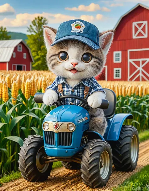 wide angle, (farm:1.1), (zhibi kitten:1.1) driving new tractor plaid shirt, barn, farmhouse, corn, cartoon, 8k, hdr, high quality, (big smile:1.3), denim cap, rolling fields background,
