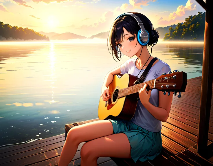 1girl, solo, smile, shirt, black hair, white shirt, indoors, black eyes, headphones, t-shirt, instrument, guitar, headphones around neck,highly detailed, 4k, sharp focus, high resolution, detailed skin, detailed eyes, detailed fingers, high quality,very beautiful,(8k, best quality, masterpiece, [img-0]:1.8:1:1:1:1:1:1:1:1:1:1:1:1:1:1:1:1:1:1:1:1:1:1:1:1:1:1:1:1:1:1:1:1:1:1:1:1:1:1:1:1:1:1:1:1:1:1:1:1:1:1:1:1:1:1:1:1:1:1:1:1:1:1:1:1:1:1:1:1:1:1:1:1:1:1:1:1:1:1:1:1:1:1:1:1:1:1:1:1:1:1:1:1:1:1:1:1:1:1:1:1:1:1:1:1:1:1:1:1:1:1:1:1:1:1:1:1:1:1:1:1:1:1:1:1:1:1:1:1:1:1:1:1:1:1:1:1:1:1:1:1:1:1:1:1:1:1:1:1:1:1:1:1:1:1:1:1:1:1:1:1:1:1:1:1:1:1:1:1:1:1:1:1:1:1:1:1:1:1:1:1:1:1:1:1:1:1:1:1:1:1:1:1:1:1:1:1:1:1:1:1:1:1:1:1:1:1:1:1:1:1:1:1:1:1:1:1:1:1:1:1:1:1:1:1:1:1:1:1:1:1:1:1:1:1:1:1:1:1:1:1:1:1:1:1:1:1:1:1:1:1:1:1:1:1:1:1:1:1:1:1:1:1:1:1:1:1:1:1:1:1:1:1:1:1:1:1:1:1:1:1:1:1:1:1:1:1:1:1:1:1:1:1:1:1:1:1:1:1:1:1:1:1:1:1:1:1:1:1:1:1:1:1:1:1:1:1:1:1:1:1:1:1:1:1:1:1:1:1:1:1:1:1:1:1:1:1:1:1:1:1:1:1:1:1:1:1:1:1:1:1:1:1:1:1:1:1:1:1:1:1:1:1:1:1:1:1:1:1:1:1:1:1:1:1:1:1:1:1:1:1:1:1:1:1:1:1:1:1:1:1:1:1:1:1:1:1:1:1:1:1:1:1:1:1:1:1:1:1:1:1:1:1:1:1:1:1:1:1:1:1:1:1:1:1:1:1:1:1:1:1:1:1:1:1:1:1:1:1:1:1:1:1:1:1:1:1:1:1:1:1:1:1:1:1:1:1:1:1:1:1:1:1:1:1:1:1:1:1:1:1:1:1:1:1:1:1:1:1:1:1:1:1:1:1:1:1:1:1:1:1:1:1:1:1:1:1:1:1:1:1:1:1:1:1:1:1:1:1:1:1:1:1:1:1:1:1:1:1:1:1:1:1:1:1:1:1:1:1:1:1:1:1:1:1:1:1:1:1:1:1:1:1:1:1:1:1:1:1:1:1:1:1:1:1:1:1:1:1:1:1:1:1:1:1:1:1:1:1:1:1:1:1:1:1:1:1:1:1:1:1:1:1:1:1:1:1:1:1:1:1:1:1:1:1:1:1:1:1:1:1:1:1:1:1:1:1:1:1:1:1:1:1:1:1:1:1:1:1:1:1:1:1:1:1:1:1:1:1:1:1:1:1:1:1:1:1:1:1:1:1:1:1:1:1:1:1:1:1:1:1:1:1:1:1:1:1:1:1:1:1:1:1:1:1:1:1:1:1:1:1:1:1:1:1:1:1:1:1 Below are examples of images that provide further context. Provide high quality, non-verboose, coherent, concise, cohesive, and marketable prompts for: You will be given an image description statement from the user, brake keywords by comas, providing high quality, non-verboose, coherent, concise, cohesive, and marketable prompts for: (Fantastic landscape photograph, serene lakefront view, misty morning light, ethereal ambiance, soft clouds, gentle breeze, tranquil water surface, secluded beach, wooden pier, rustic bench, old-fashioned camera tripod, vintage lens, prime focusing ring, shallow depth of field, dreamlike atmosphere. Brake keywords by comas, non-verboose, coherent, concise, cohesive, high quality, marketable prompts (Fantastic landscape photograph, serene lakefront view, misty morning light, ethereal ambiance, soft clouds, gentle breeze, tranquil water surface, secluded beach, wooden pier, rustic bench, old-fashioned camera tripod, vintage lens, prime focusing ring, shallow depth of field, dreamlike atmosphere). concept art, imaginative designs, world-building,